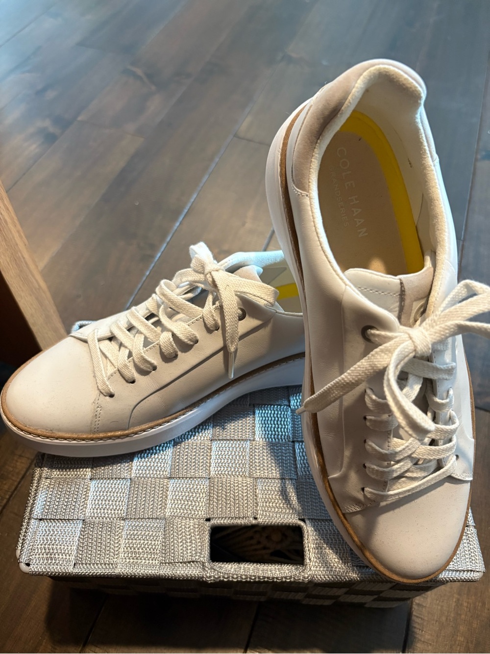 Cole Haan White Leather Low-Top Sneakers with Subtle Tan Trim